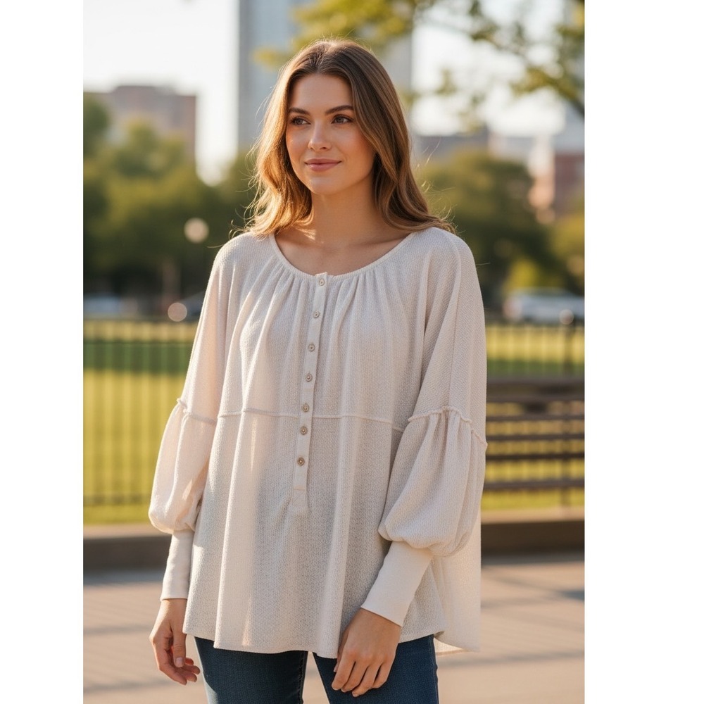 Free People Oversized Knit Balloon Sleeve Blue Bell Henley XS Beige Long Sleeve